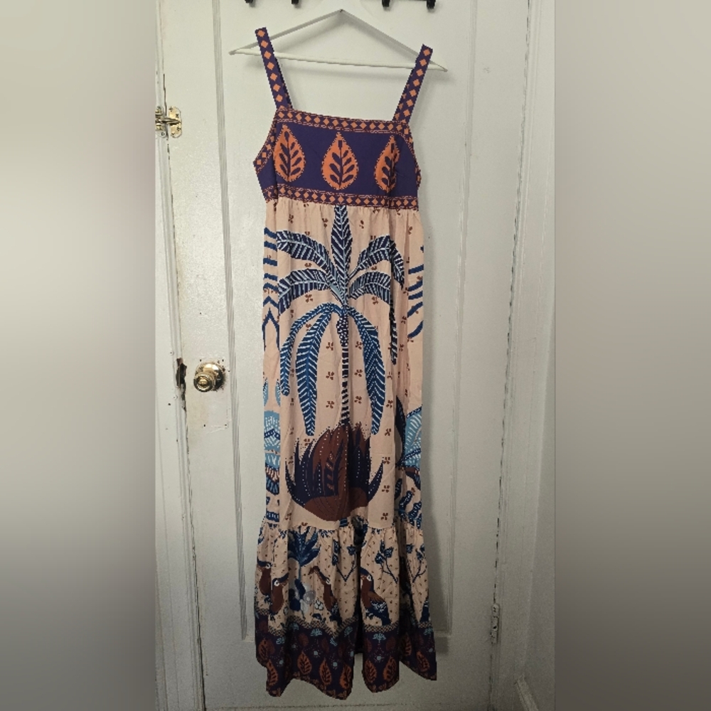 Bohemian Maxi Dress with Blue and Cream Palm Print